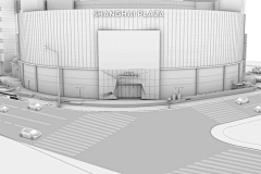 在淮海路龙门路入口的景观设计中，我们以建筑景观一体化的设计手法打造项目完整的界面效果，将人行空间景观环境与建筑立面艺术展陈相互融合。整体性的设计既弱化了城市空间局促的场地限制，又形成了项目名片式的城市地标形象。