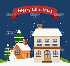 圣诞夜房屋和雪人  - 源文件下载【酷图网】创意,圣诞节,夜晚,房屋,雪人,松树,eps,ai,矢量,高清图片,素材,