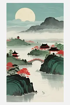 国潮中国风古风节气中秋山水插画