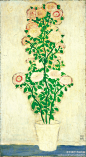 【 常玉 《绿叶盆菊》 】布面油彩，81x45 cm，1929年作。 此作是常玉最早出现的一批花卉油画。根据文献资料，1929年常玉才首度以帆布来作画。在此之前，多数为铅笔、炭笔、毛笔速写的人物素描，以及数量不甚多见的水彩画。整个1920年代，常玉也是巴黎画派（Ecole de Paris）的成员之一。