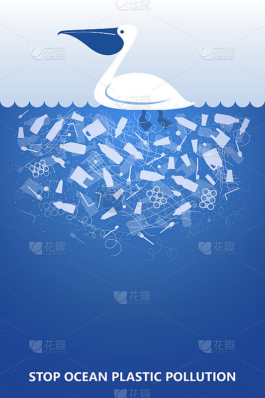 阻止海洋塑料污染。生态海报:水中的鹈鹕，...