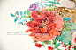 复古水彩插画－牡丹小鹿