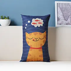吃鱼猫咪 可爱卡通宜家北欧插画 棉麻腰枕套沙发靠垫办公午睡靠枕