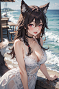  masterpiece,best quality,1girl,solo,looking at viewer,brown hair,hair between eyes,bangs,very long hair,red eyes,wolf ears,wolf tail,blush,open mouth,smile,:d,fang,large breasts,bare shoulders,(white sundress),upper body,leaning forward,outdoors,sun,sea,