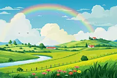 卡通唯美浪漫手绘平面蓝天白云农村河流天空全景简约场景插画壁纸海报
