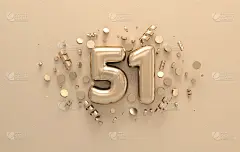 金色3d数字51节日彩纸和螺旋丝带。庆祝51周年活动派对的海报模板。三维渲染