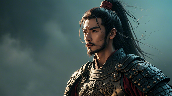一名穿盔甲中国古代男将军在沙场战斗，侧身，手持长剑，灰头土脸，低饱和度，史诗般的构图，皮肤细节，全身像，超精细，真人写真，电影海报，高清画质 (5)