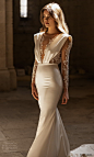 eva lendel 2024 bridal sheer long sleeve plunging v neckline embellished bodice sheath wedding dress chapel train (3) mv