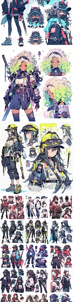 AI二次元赛博忍者武士角色设定图卡通朋克风人物插画设计游戏资源