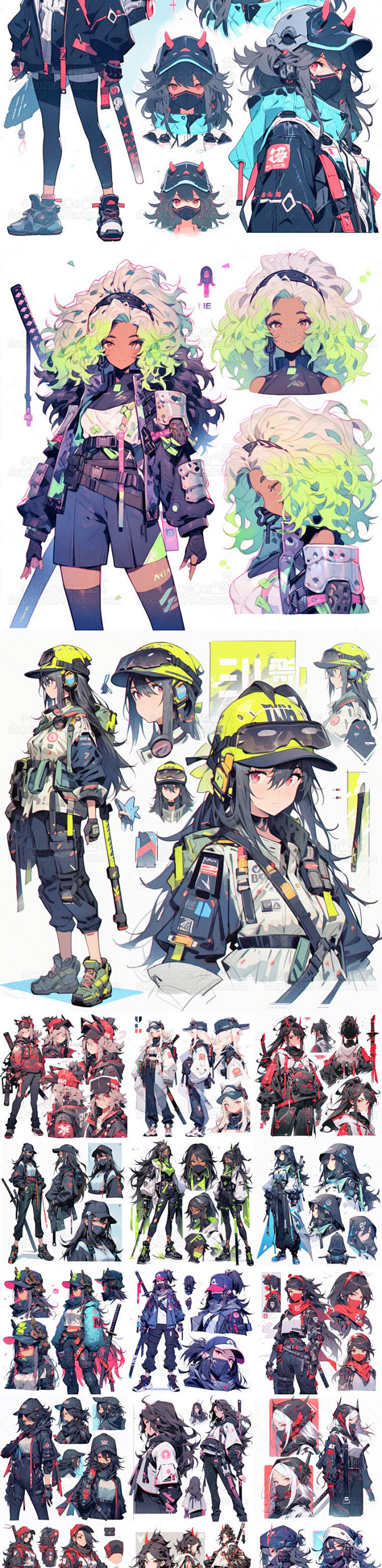 AI二次元赛博忍者武士角色设定图卡通朋克...