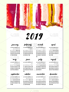 模板,2019,水彩画,墨水,日历,月,一月,有污迹的,涂料,领导能力