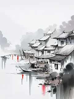 写意江南水乡青泉烟雨，中国古代乡村风光，鸟瞰全景海报-图巨人