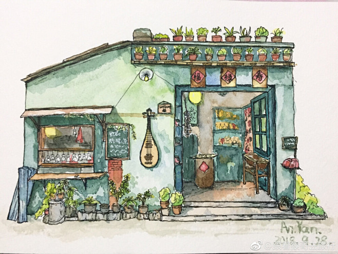 钢笔淡彩