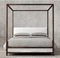 Montrose Low Panel Four-Poster Bed : RH's Montrose Low Panel Four-Poster Bed:Inspired by the streamlined glamour of the late 20th century, our four-poster bed pairs a sleek, bronze-finish metal frame with a padded headboard for a clean, angular silhouette