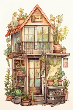花园植物房子水彩画铅笔插画