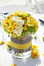 yellow & tray flowers: roses, billy balls, orchids, viburnum. So great for summer! #wedding #centerpieces #yellow: 