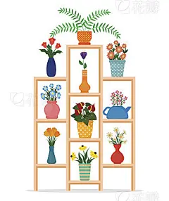 Houseplants or indoor plants and potted flowers on shelves of the stand. EPS10 vector illustration in flat style.