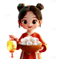 元宵节卡通软3D女孩抱汤圆拿灯笼组合元素