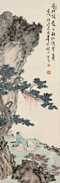PU RU SCHOLAR UNDER PINE TREE Painted in 1946 ink and color on paper hanging scroll 98×32.5 cm. 溥儒（1896-1963） 長松寒岩圖 一九四六年作 設色紙本 立軸 98×32.5 cm.