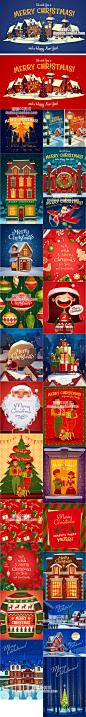 667 卡通新年小镇房屋圣诞节日礼物卡片海报背景插画矢量设计素材-淘宝网
