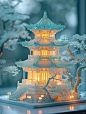 twilight glows through the glass house on the pond, in the style of miniature sculptures, traditional chinese landscape, gold and cyan, intricate illustrations, focus stacking,dazzling cityscapes, made of crystals, Gold jade --ar 3:4 --s 250 --v 6.0