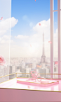 a pink box with flowers in it, white curtains，in the style of grandiose cityscape views, the Eiffel Tower in the city, sun halo in the foreground,anime inspired, glass as material, soft and dreamy atmosphere, spectacular backdrops, playful details, spatia