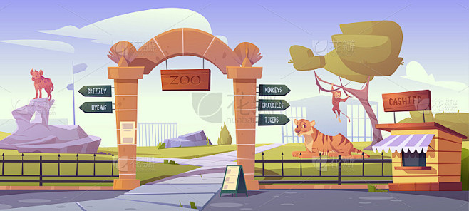Zoo gates with pointers to wild animals cages