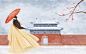 古建筑古风美女背影雪景大雪插画古代建筑冬天背景