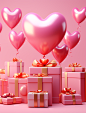 presents, balloons, and hearts sitting in a pink background, in the style of photorealistic compositions, graphic design poster art, sculpted, pink and gold, bright color blocks, daz3d, richly layered