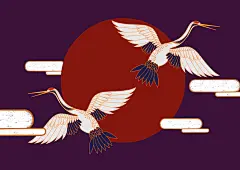 仙鹤和风手绘插画背景素材