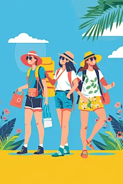 扁平风旅游露营手绘插画