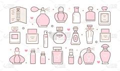 香水瓶子横向海报与粉红线条图标.矢量水平插图包括图标玻璃喷雾器，豪华香水，精油，化妆品商店传单的简图
