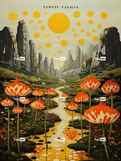 富有想象力的奇幻风景插画海报金黄色蘑菇