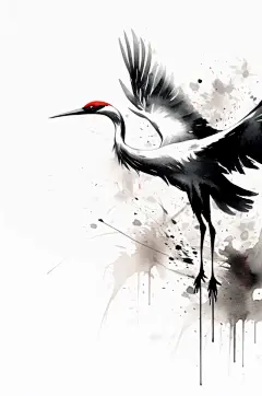 AI数字艺术中国风水墨仙鹤丹顶鹤手绘插画