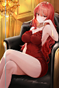 Anime 2731x4096 anime anime girls redhead red eyes looking at viewer red dress dress sitting legs crossed big boobs artwork lillly