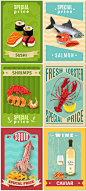 欧美复古寿司三文鱼龙虾鱿鱼海鲜美式插画海报插图素材设计模板-淘宝网