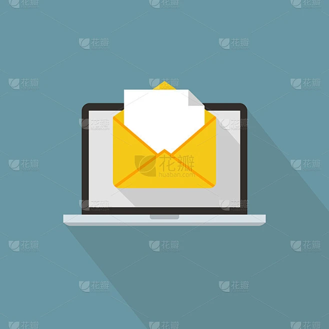 在笔记本电脑上发送电子邮件。信封和文件在电脑屏幕上。电子邮件的概念。