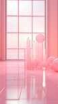 a white room with lights on it and lights on windows, in the style of light pink and light crimson, luminous 3d objects, classic still life compositions, translucent water, lively tableaus, crystalcore, kawaii aesthetic