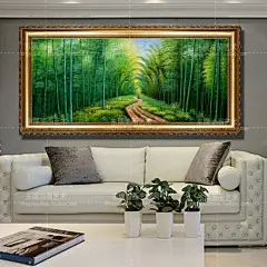 横版油画竹报平安风水画手绘竹林风景山水画聚宝盆客厅装饰画挂画-淘宝网