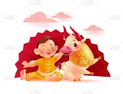 快乐的中国公牛吉祥物和男孩性格在传统的金色汉服附近大扇孤立的白色背景。