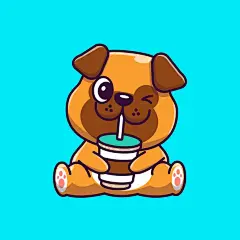 可爱的狮子狗小狗喝奶茶，卡通矢量插画矢量图设计素材