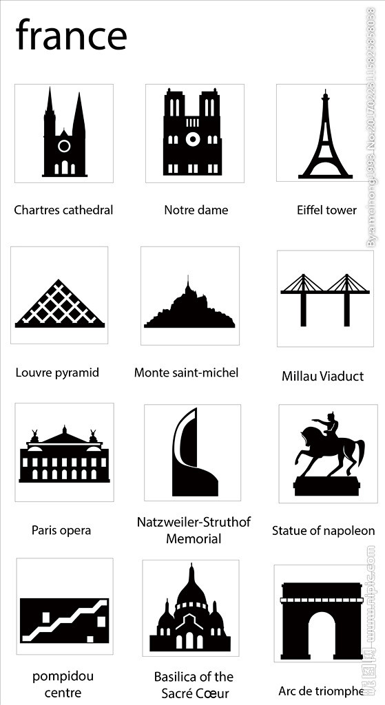 法国地标性建筑剪影矢量图标
