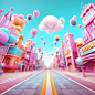 cartoon style 3d futuristic city street 3d rendering vector illustration for html5, in the style of light pink and light aquamarine, shiny kitsch pop art carnival of consumerism, miki asai, contemporary candy-coated, wide angle lens, organic forms blendin