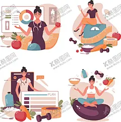 健康饮食扁平风插画 【酷图网】健康饮食插画,健康饮食,扁平风插画,卡通插画,卡通贴纸,插画元素,手绘插画,插画设计,矢量元素,元素设计