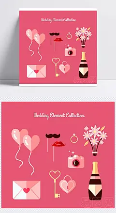 粉色婚礼元素|气球,胡子,嘴唇,捧花,钻戒,照相机,香槟酒,情书,钥匙,锁,爱心,扁平化,婚礼,矢量图,AI格式