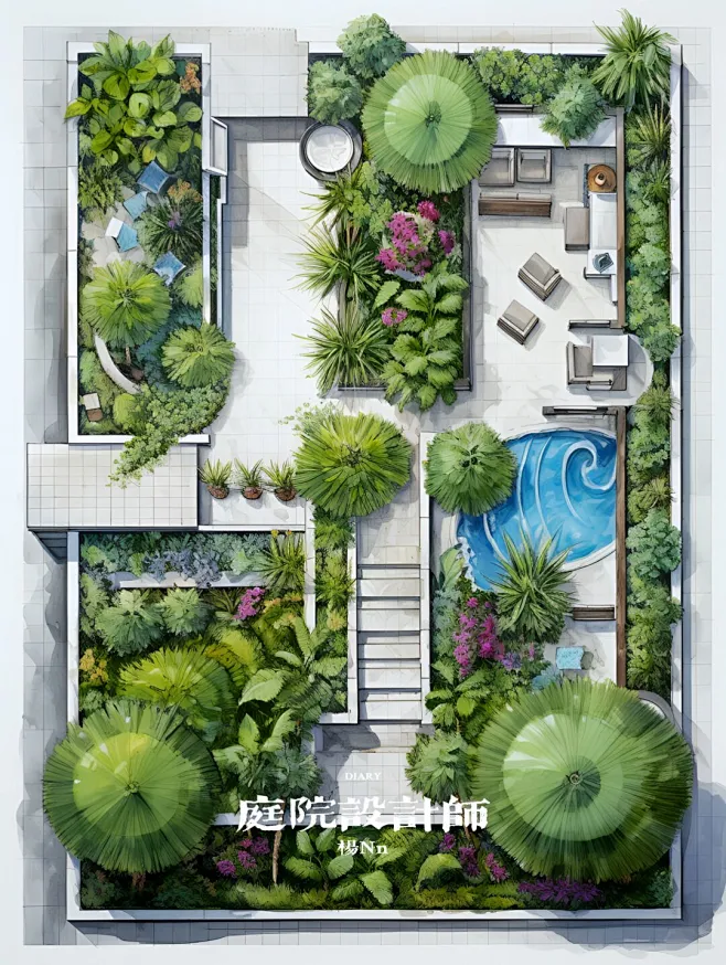 手绘风庭院平面图分享-花瓣网