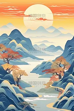 潮国创意中国风山水画浅蓝色6意境唯美