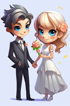 漫画风Q版情侣结婚人物婚礼插画