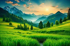 植物湖面山川插画图片