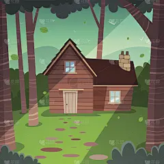 一幅树林里小屋的插图